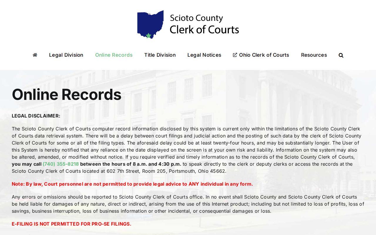 Scioto County case search Clerk online records notice