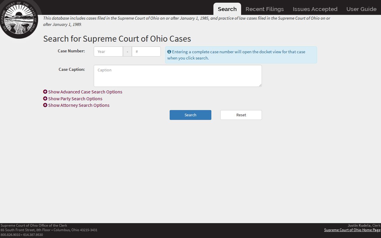 Scioto County case search Ohio Supreme Court Public Docket screen