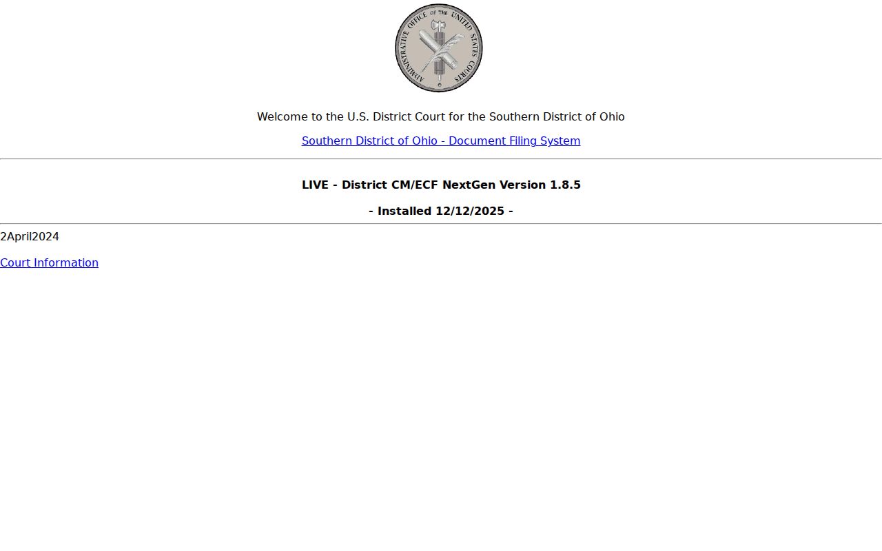 Scioto County case search Southern District CM ECF filing page