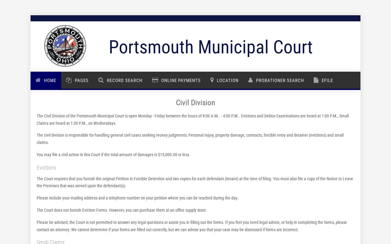 Scioto County civil docket Portsmouth Municipal Court serving Scioto County Civil Division page