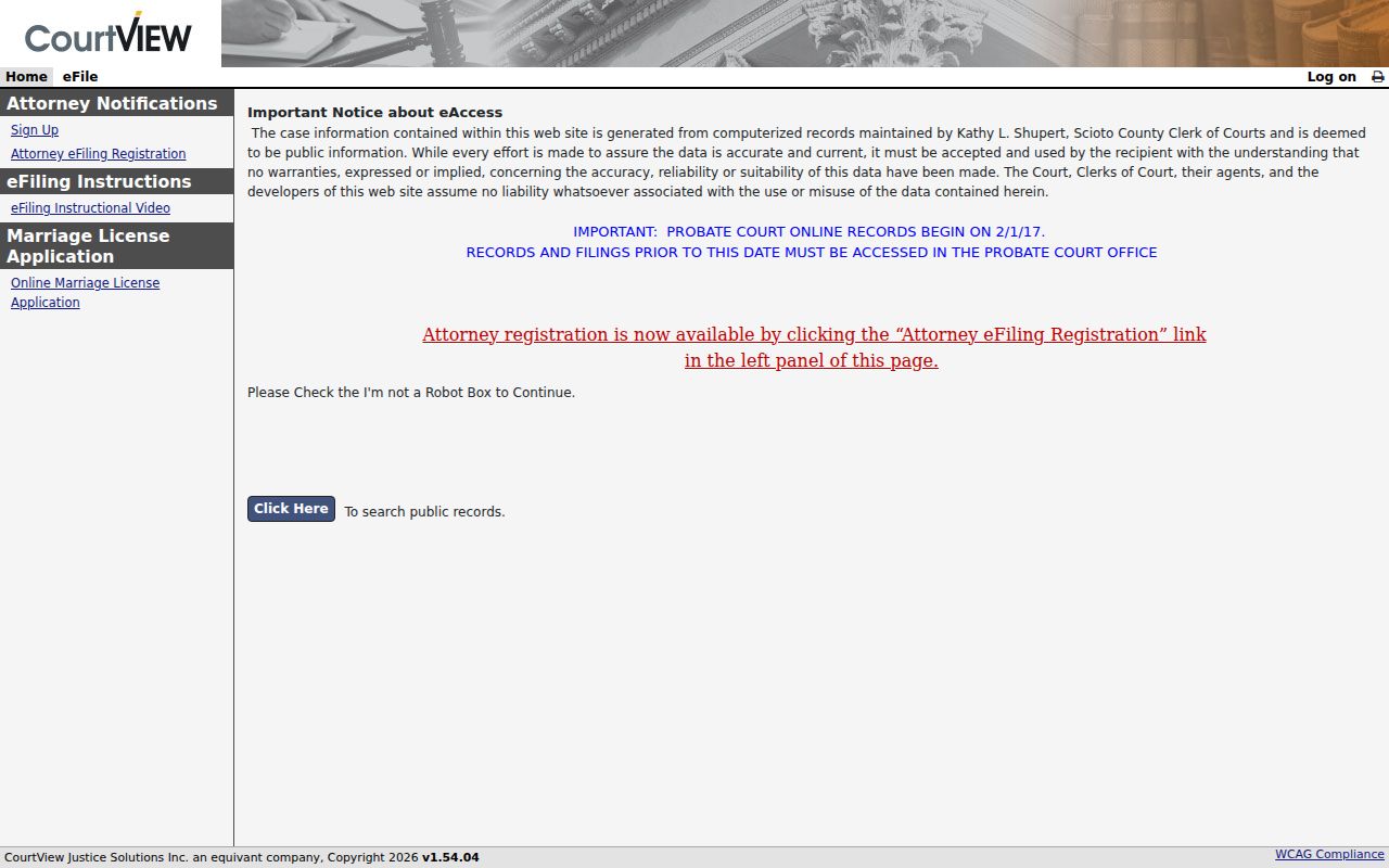 Scioto County court docket CourtView eAccess public search landing screen