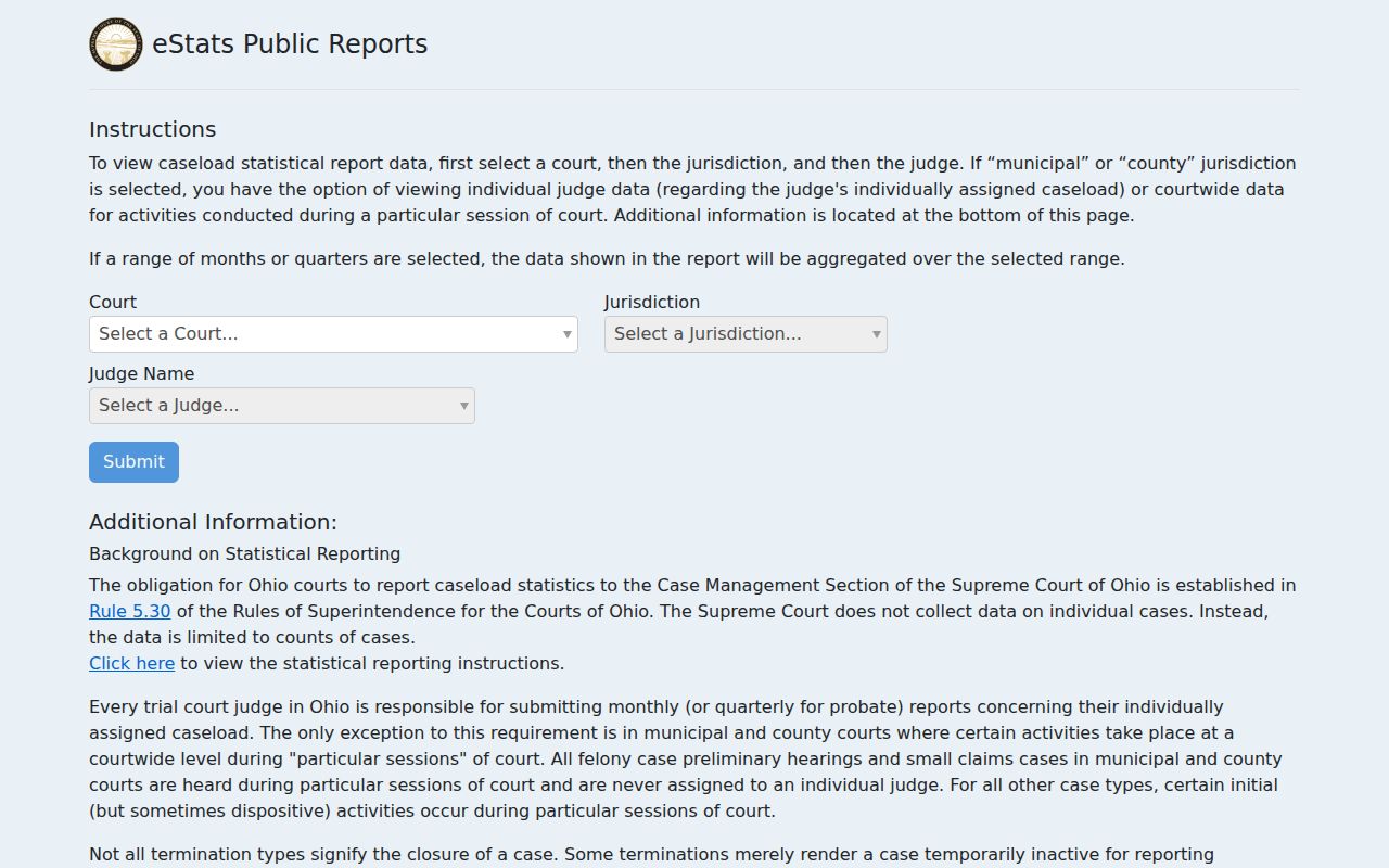 Scioto County court docket Ohio eStats public reports interface