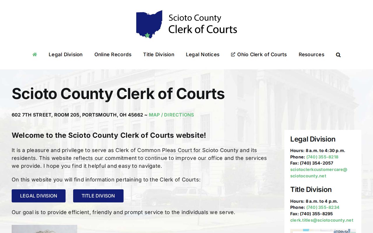 Scioto County court docket Clerk of Courts public contact panel