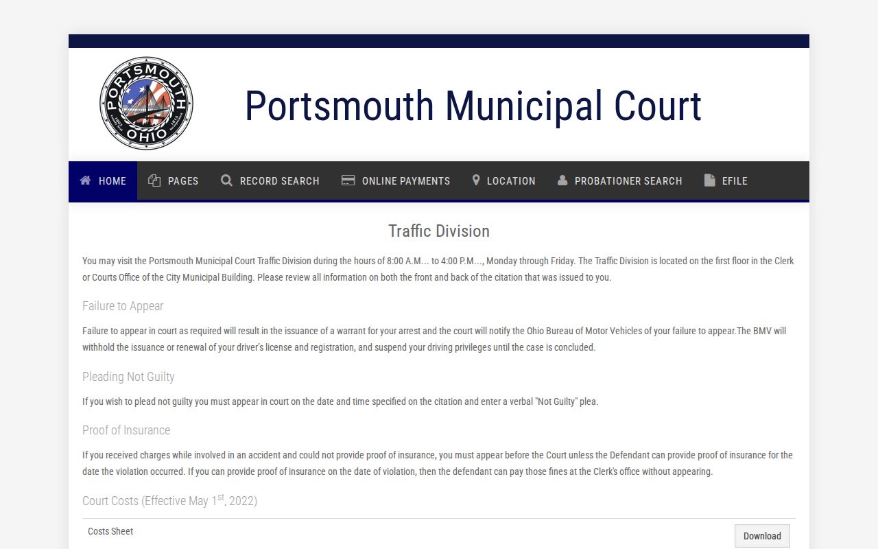 Scioto County traffic court records Portsmouth Municipal Traffic Division